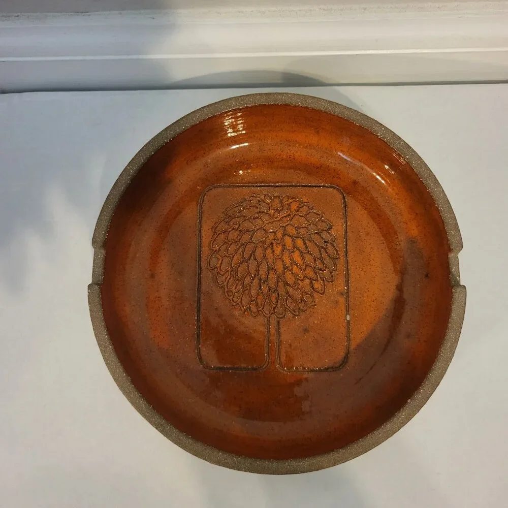 Vintage MCM Stoneware Orange Ceramic Round Ashtray Art Pottery Tree Design 6.5